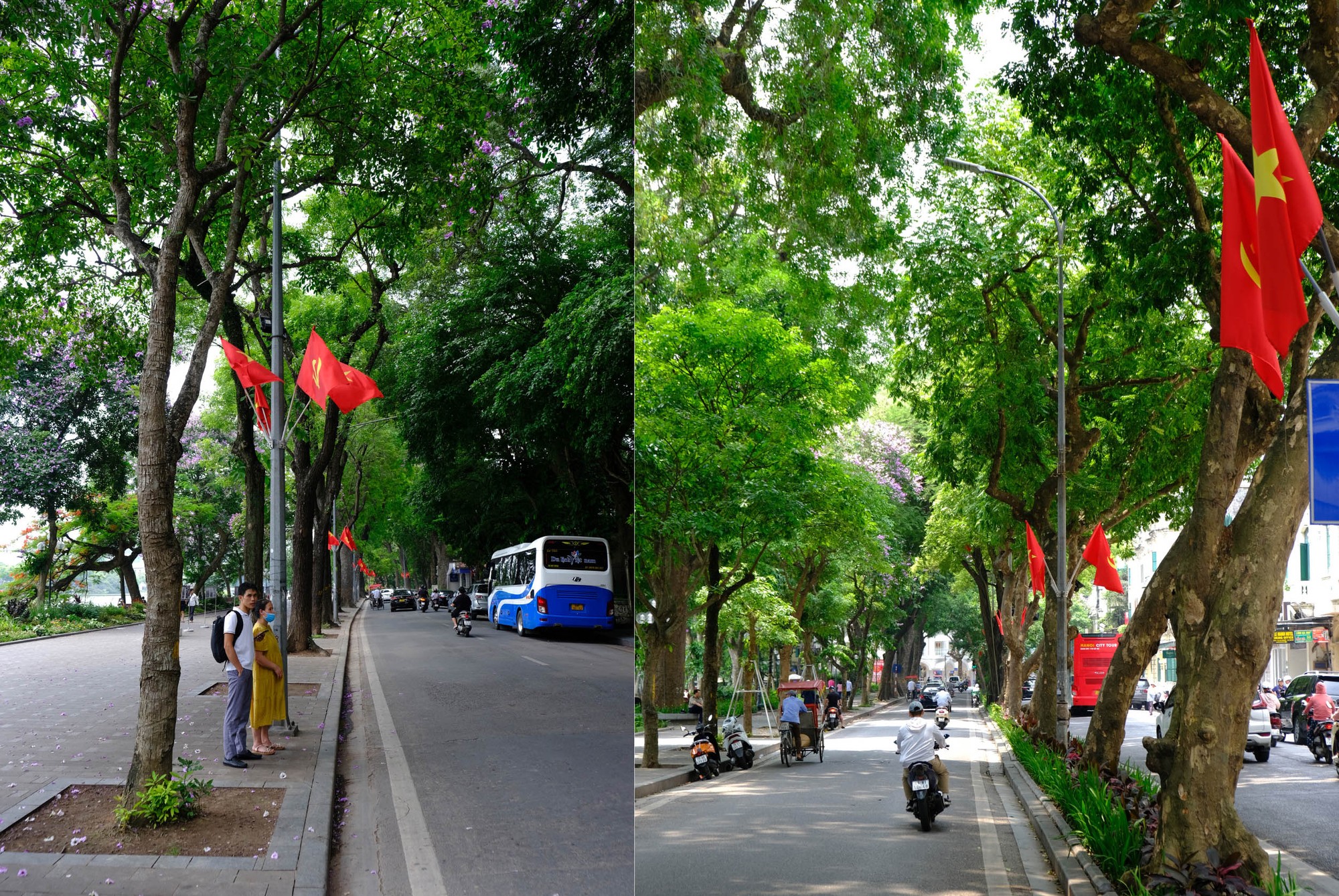 Sắc cờ đỏ sao vàng phủ đầy phố đi bộ Hồ Gươm. Ảnh: Lê An/Mekong ASEAN.