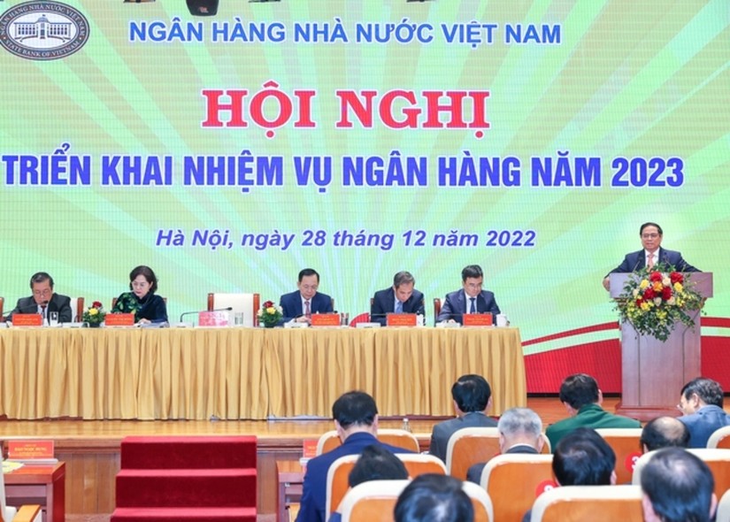 Thủ tướng Chính phủ Phạm Minh Chính dự Hội nghị tổng kết công tác năm 2022 và triển khai nhiệm vụ ngân hàng năm 2023. Ảnh: VGP