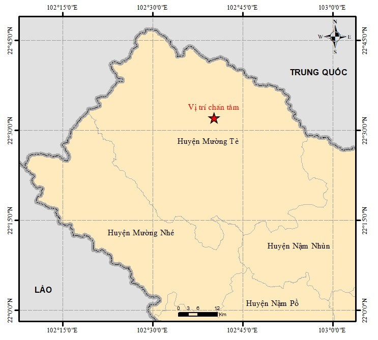 Vị trí tâm chấn trận động đất tại Mường Tè, Lai Châu sáng 3/3. Ảnh: Viện Vật lý địa cầu