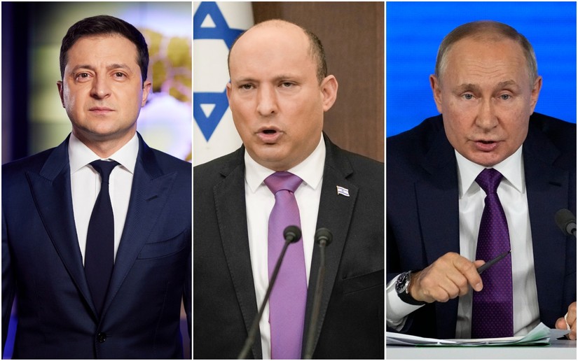 Tổng thống Ukraine Volodymyr Zelensky; Thủ tướng Naftali Bennett và Tổng thống Nga Putin. Ảnh: AP