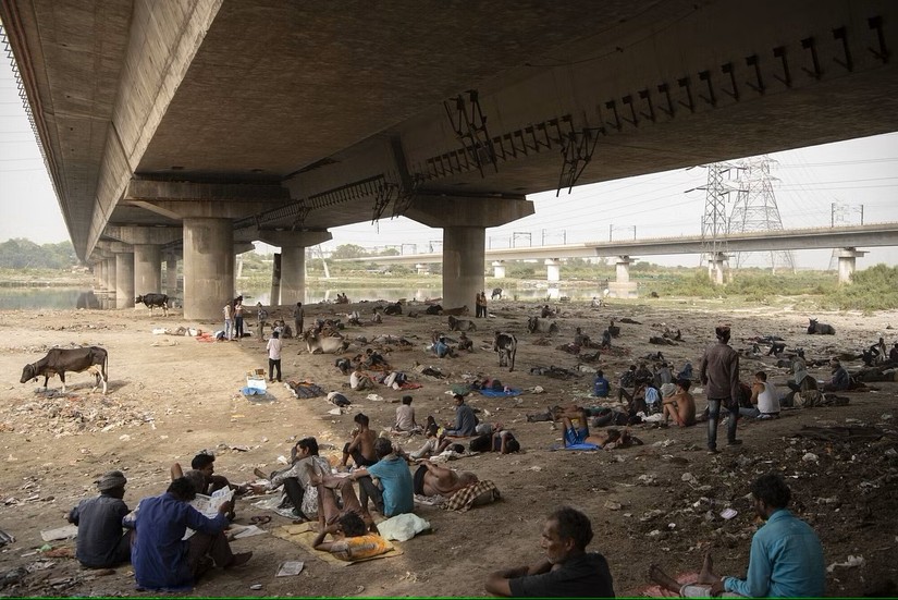 Người dân nghỉ ngơi dưới chân cây cầu ở New Delhi, tháng 5/2022. Ảnh: Bloomberg
