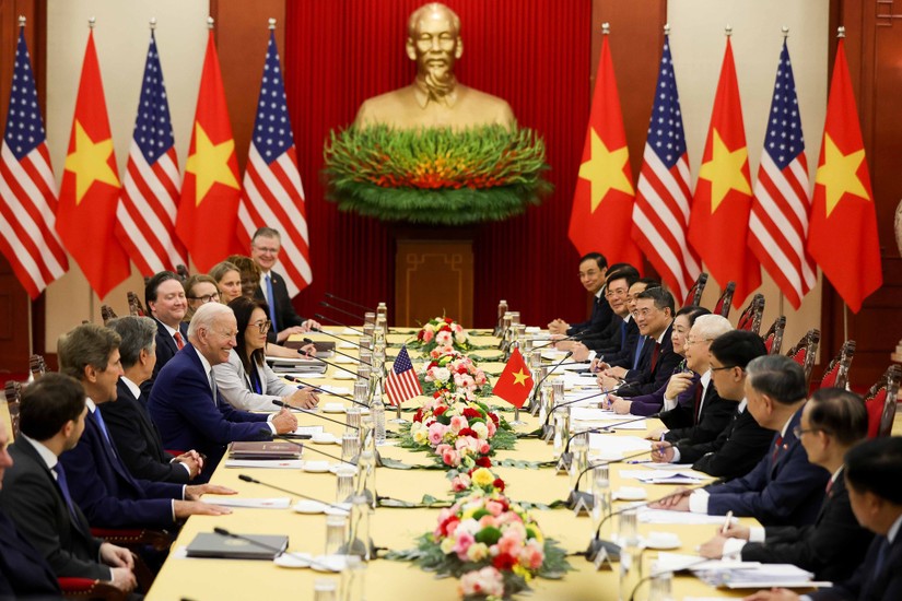 Tổng Bí thư Nguyễn Phú Trọng hội đàm với Tổng thống Mỹ Joe Biden tại Trụ sở Trung ương Đảng, ngày 10/9. Ảnh: VGP