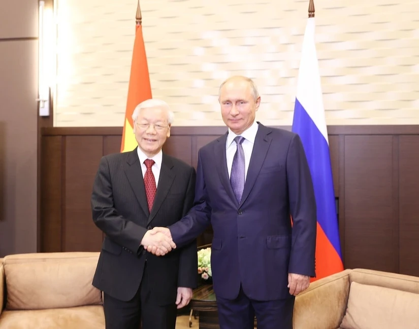 Tổng Bí thư Nguyễn Phú Trọng hội đàm với Tổng thống Nga Vladimir Putin trong chuyến thăm chính thức Nga, năm 2018. Ảnh: TTXVN