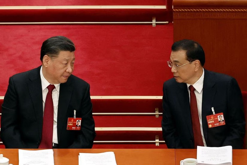 Chủ tịch Trung Quốc Tập Cận Bình và Thủ tướng Lý Khắc Cường tại phiên khai mạc của Đại hội đại biểu nhân dân toàn quốc (NPC) tại Đại lễ đường Nhân dân ở Bắc Kinh, Trung Quốc ngày 5/3/2023. Ảnh: Reuters